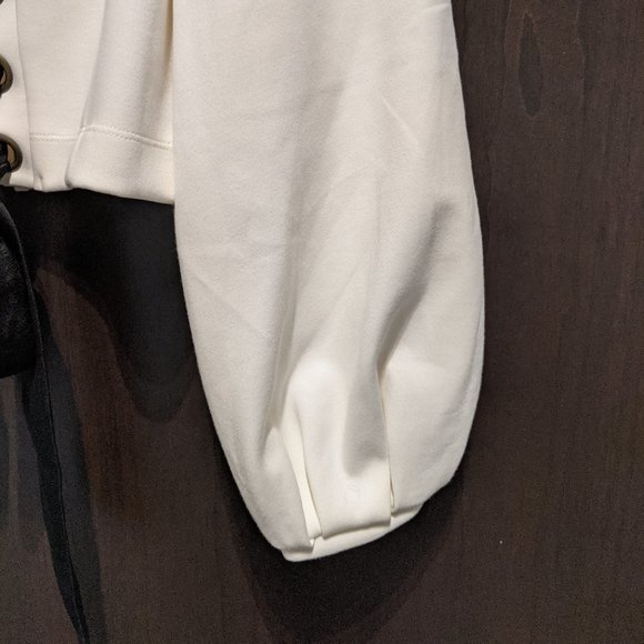 Anthropologie Ivory Party Blouse with Black Tie-Back Ribbon and Puff Sleeves - Picture 3 of 6